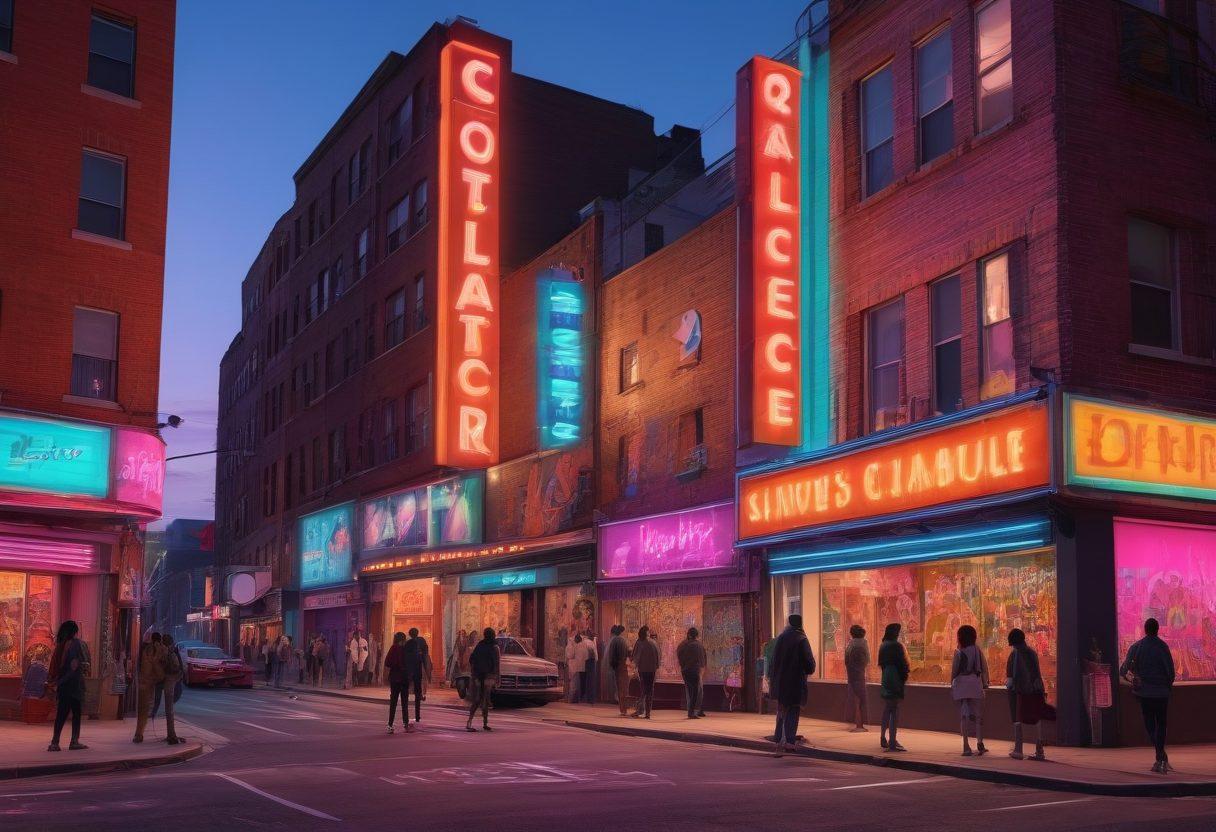 A vibrant cityscape at twilight, featuring film reels and neon signs intertwined, symbolizing urban art and LGBTQ+ culture. Diverse figures representing different identities are engaging in street performances, surrounded by graffiti that celebrates love and equality. Include elements of classic cinema mixed with modern digital art, depicting a rich history of queer representation in film. surreal aesthetic. vibrant colors. 3D.