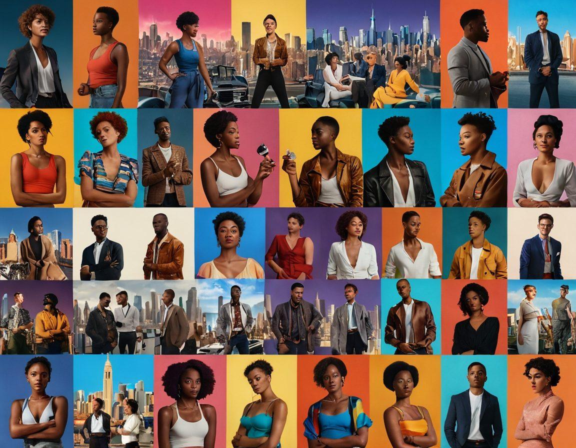 A visually stunning collage depicting a diverse group of LGBTQ+ characters engaged in various forms of storytelling through film, incorporating elements of eroticism and emotion. Include vibrant film reels, rich color palettes, and a dynamic city skyline in the background. The characters should express a range of emotions, showcasing intimacy, passion, and creativity. The overall tone should be inclusive and celebratory, capturing the essence of independent filmmaking. digital art. vibrant colors. cinematic style.