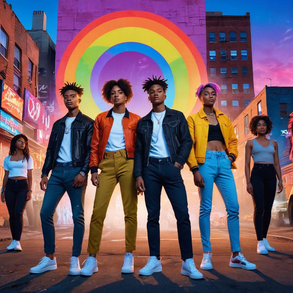 A vibrant urban landscape featuring a diverse group of queer characters celebrating their individuality, surrounded by iconic city elements like graffiti and neon lights. In the background, a film reel spirals into the sky, symbolizing the connection between cinema and culture. The scene is filled with energy and inclusivity, showcasing a mix of fashion styles that reflect the evolution of queer representation. super-realistic. vibrant colors. dynamic composition.